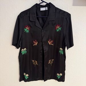 ASOS Black Satin Floral Embroidered Casual Button Down Shirt
